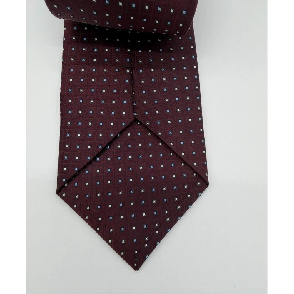 Pronto Uomo Silk Tie Mens Burgundy Maroon Geometric Diamond Squares Hand Made
